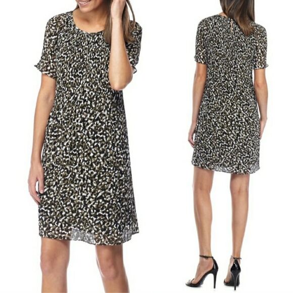 Michael Kors Pleated Camo T-shirt Tea Length Shift Dress Green Black Sz L - Picture 1 of 12